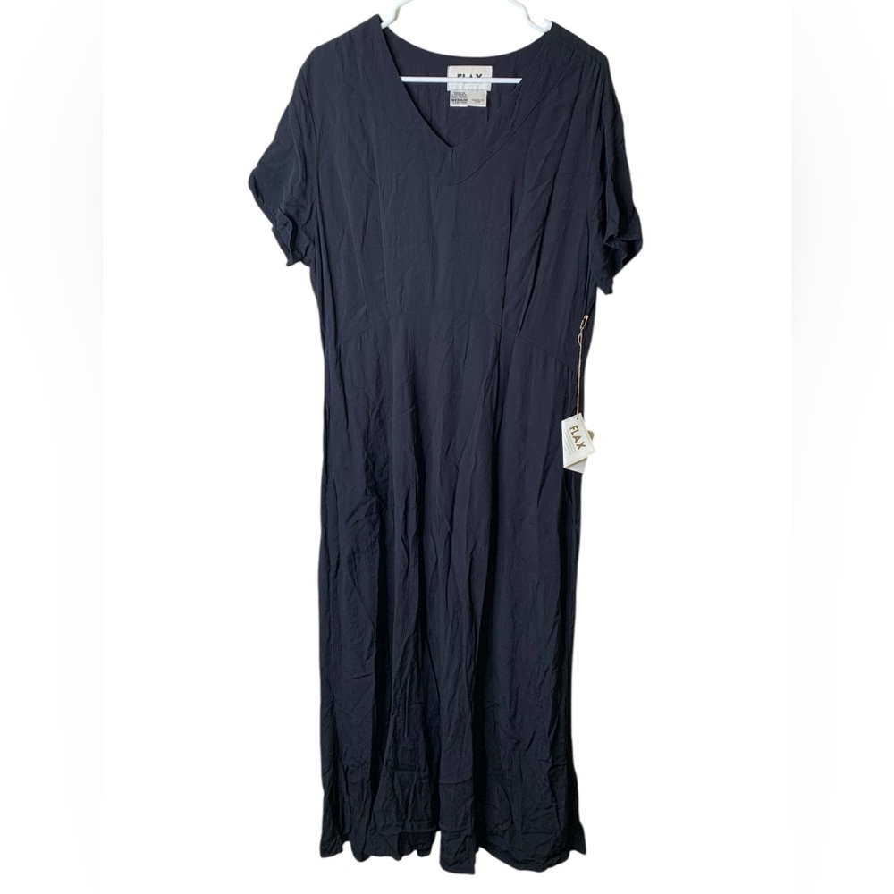 Flax NWT Black Rayon V Neck MIDI Dress Size M Pockets Career Mature Professional